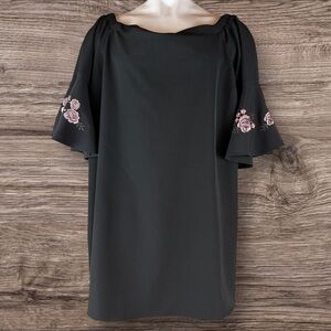 Jennifer Lopez Womens Size 2X Floral Embroidered Off The Shoulder Dress Black